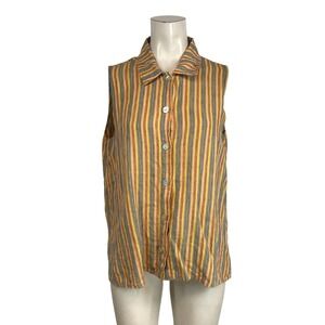 FLAX - WOMEN'S SMALL -MULTICOLOR STRIPE SHORT SLEEVELESS BUTTON UP LINEN TOP